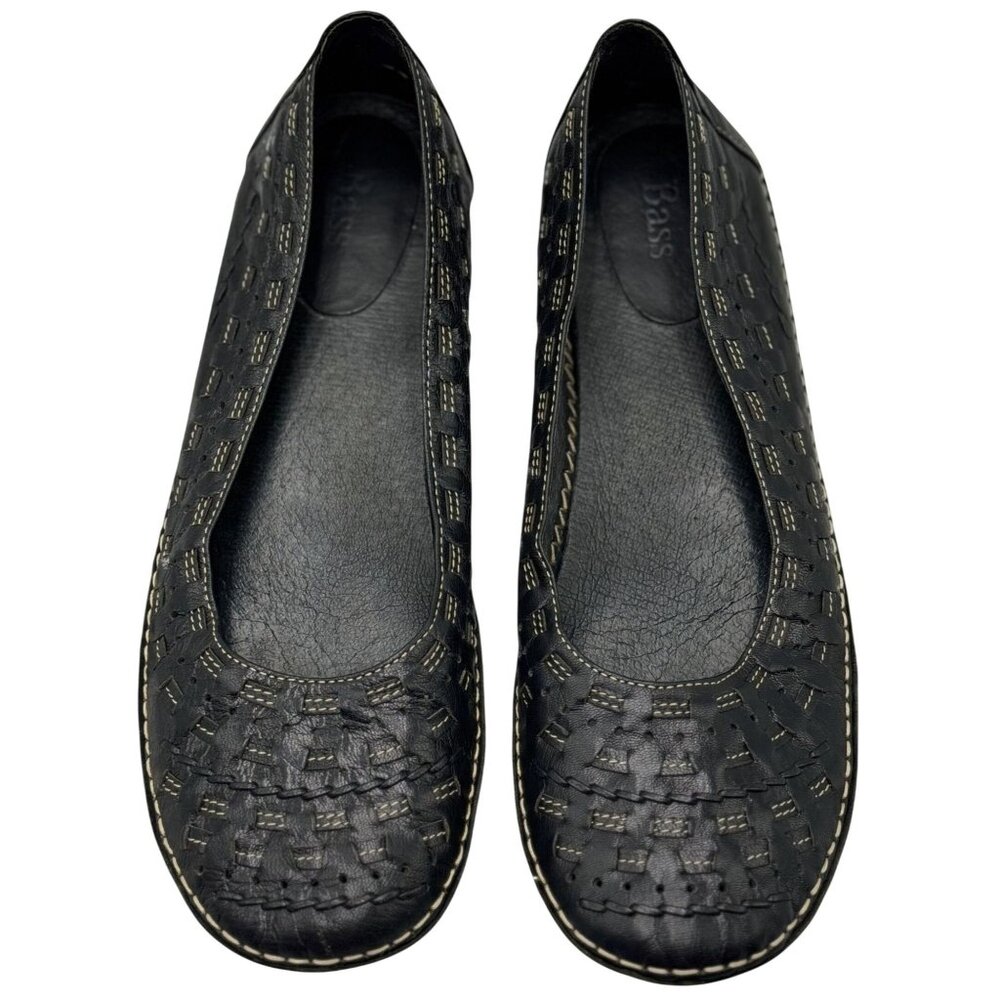 Bass Size 10 Black Leather Slip-On Flats Woven Detail Rubber Sole Comfortable